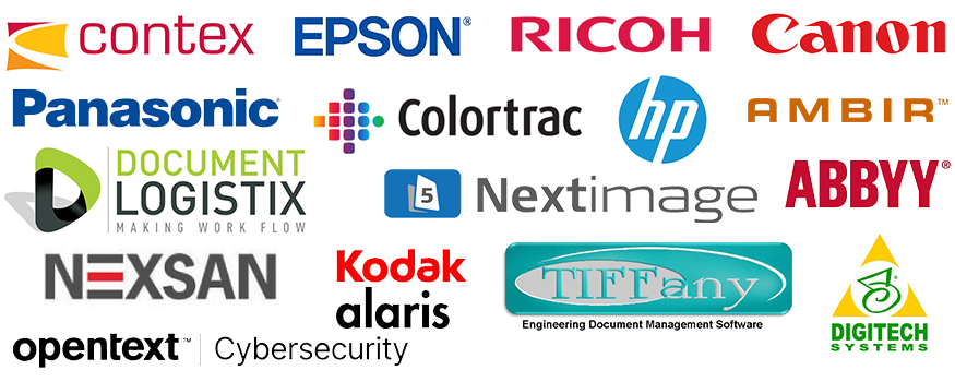 Authorized Partner of Contex, Ricoh (Fujitsu), ABBYY, Colortrac, HP, NextImage, TIFFany, Kodak Alaris, HP, Epson, Document Logistix, Panasonic, DigiTech Systems, OpenText Security, Ambir, NEXSAN,